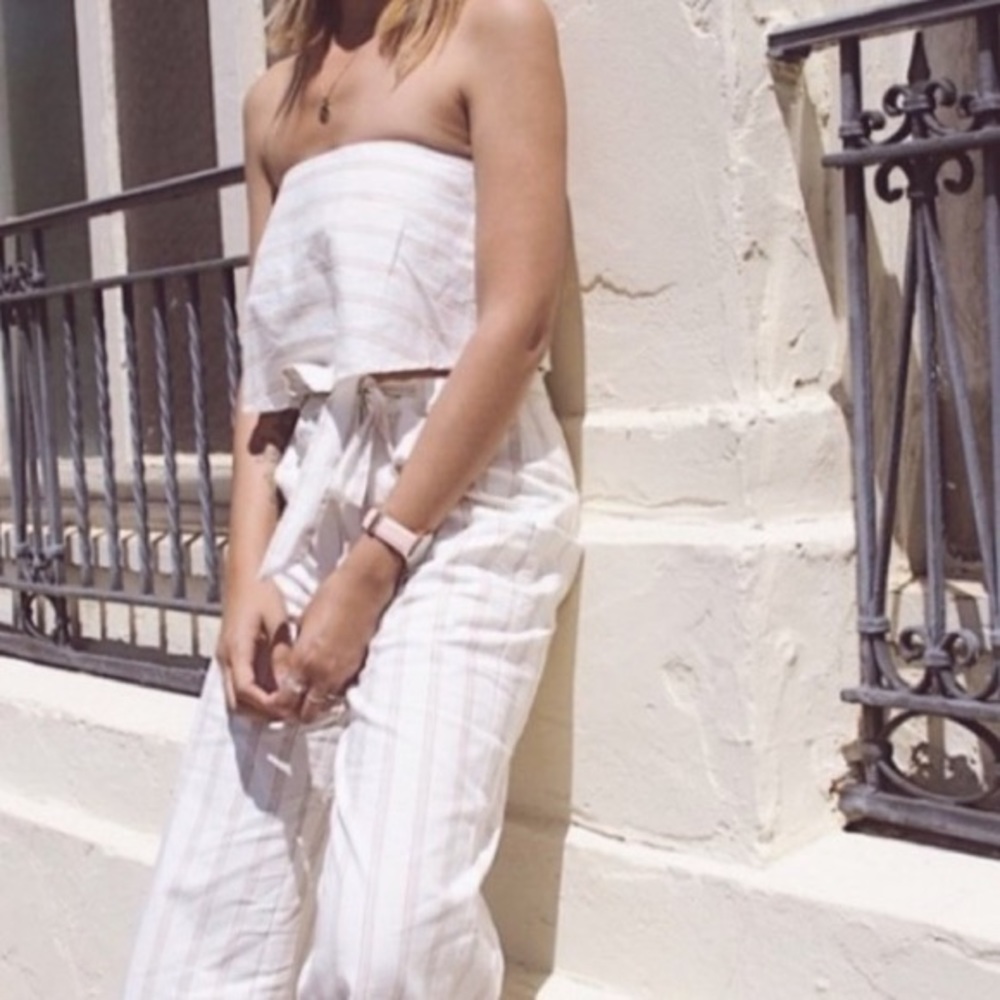 J.O.A. Striped Strapless Linen Blend Crop Top